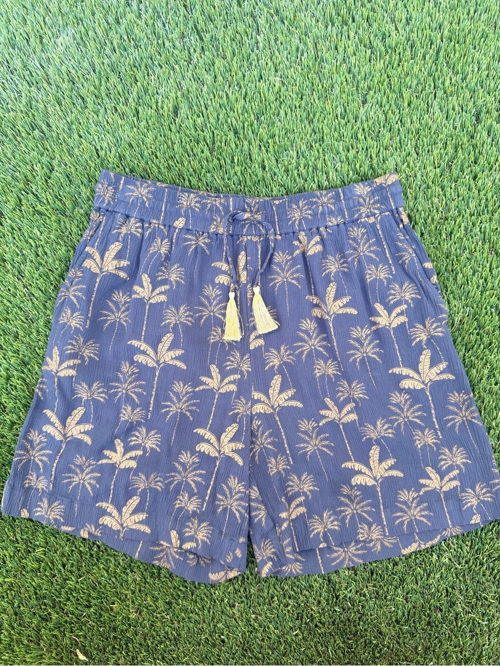 Boden Navy with Gold Palm Trees Crinkle Tassel Drawstring Pull-On Shorts